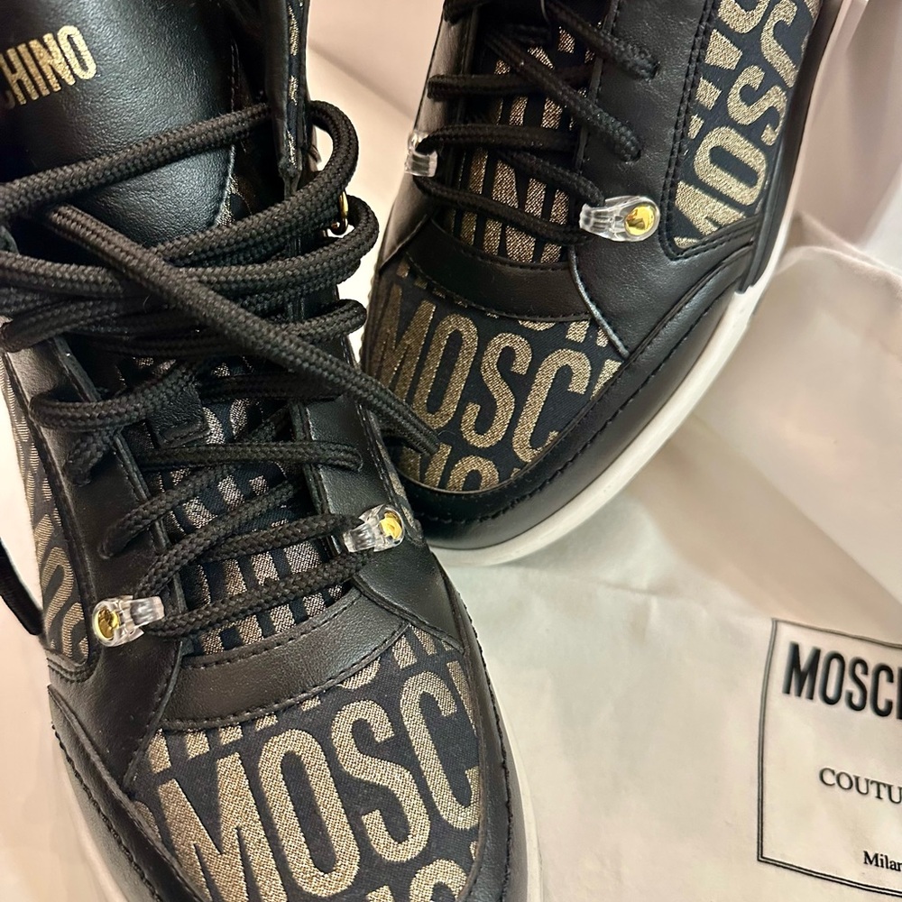 Moschino Couture Black and Gold glitter monogram Logo Sneakers IT42 US 9 men